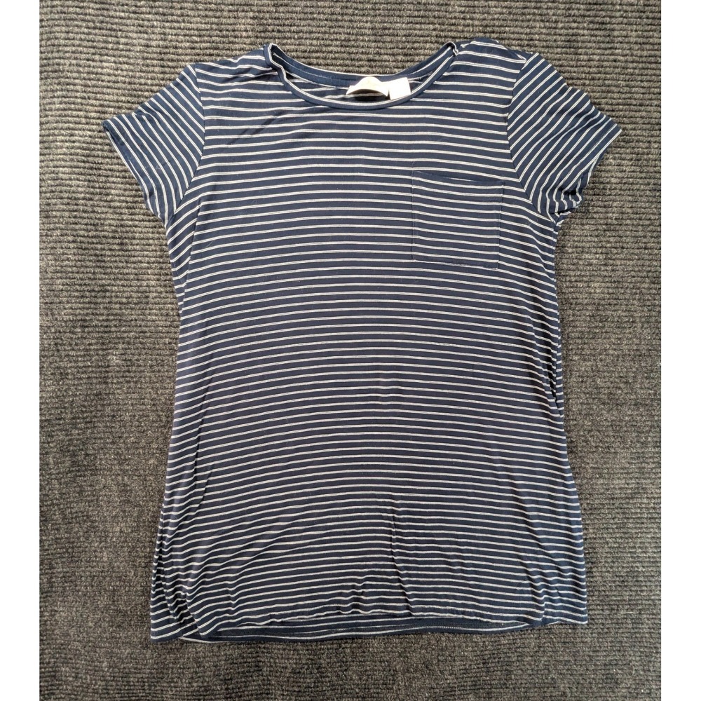 RD Style Top Womens M Petite Blue White Striped Stretch Cap Sleeve Round Neck